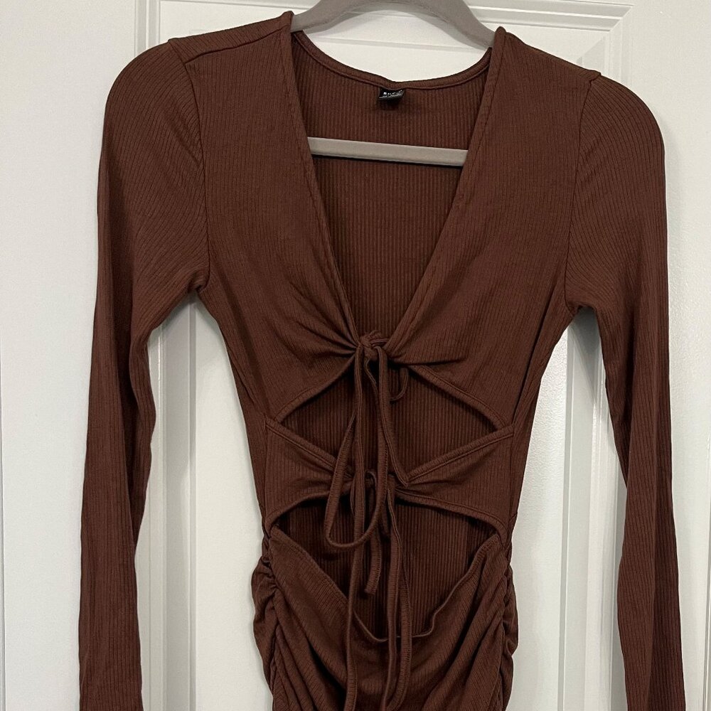 Brown Ruched Cutout Midi Dress - Long Sleeve